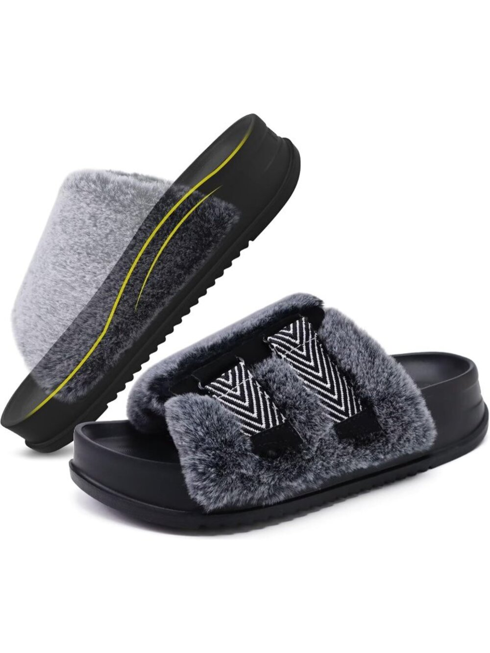 Women's Vogue Black Soft Cushioned & Adjustable Fuzzy Faux Fur Slippers Slides